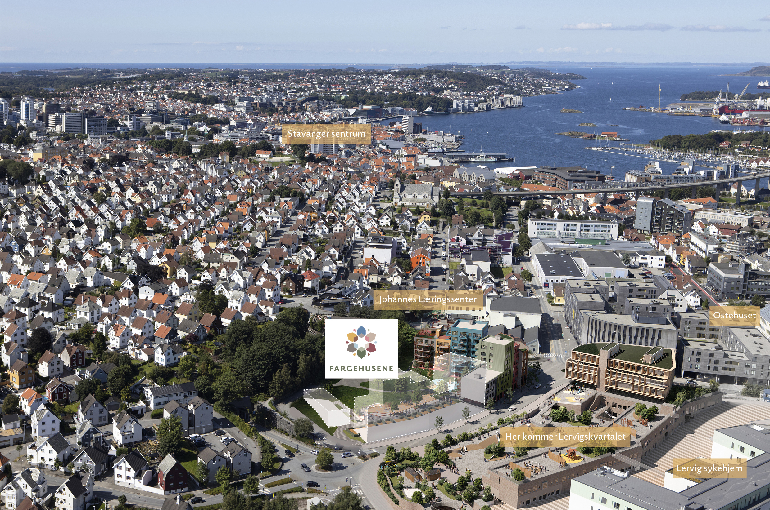 Flyfoto over Stavanger Øst som viser hvor Fargehusene kommer.